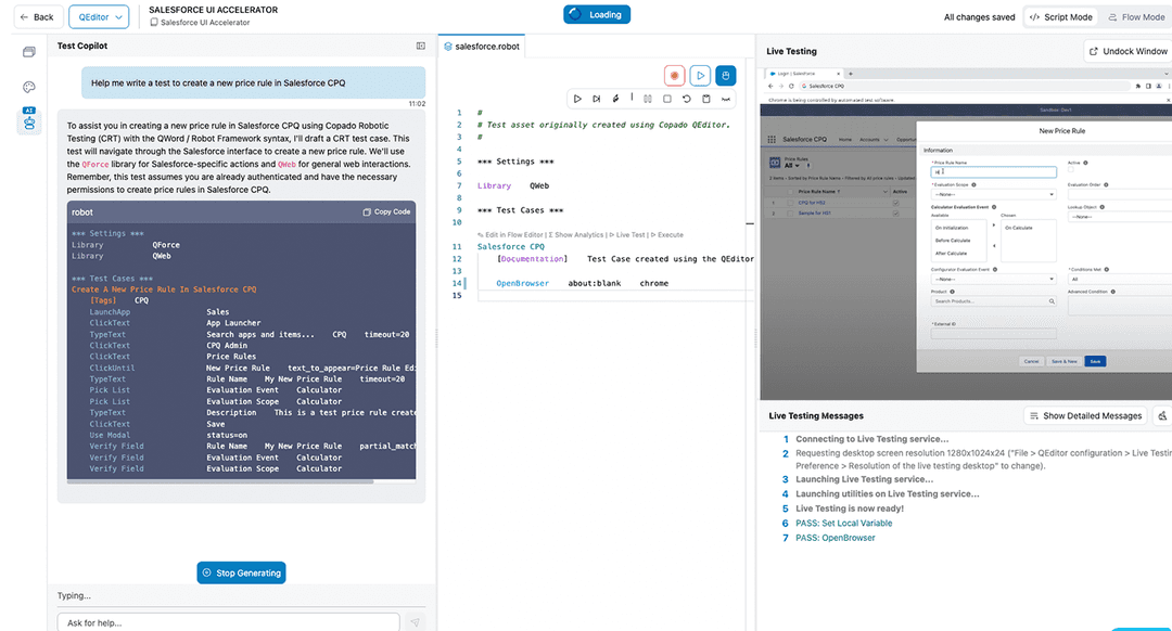 Screen shot of Copado's Test Copilot user interface.
