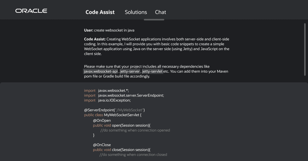 Oracle code assist, demo screen.