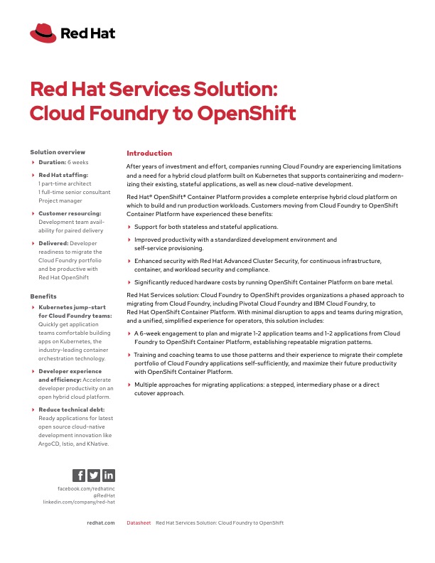 Red Hat Services Solution: Cloud Foundry to OpenShift