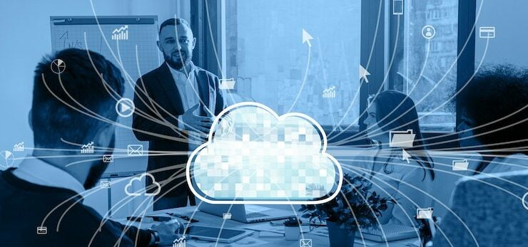 Guy giving a business presentation, salesforce logo in front