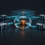 Conceptual server network with an illuminated fault point under a lens, illustrating root-cause analysis and system reliability.