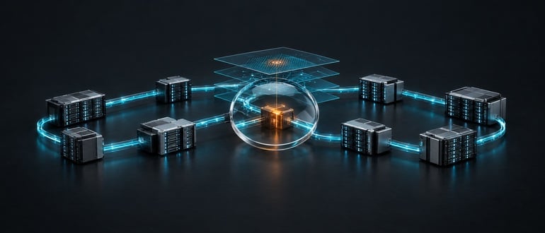 Conceptual server network with an illuminated fault point under a lens, illustrating root-cause analysis and system reliability.